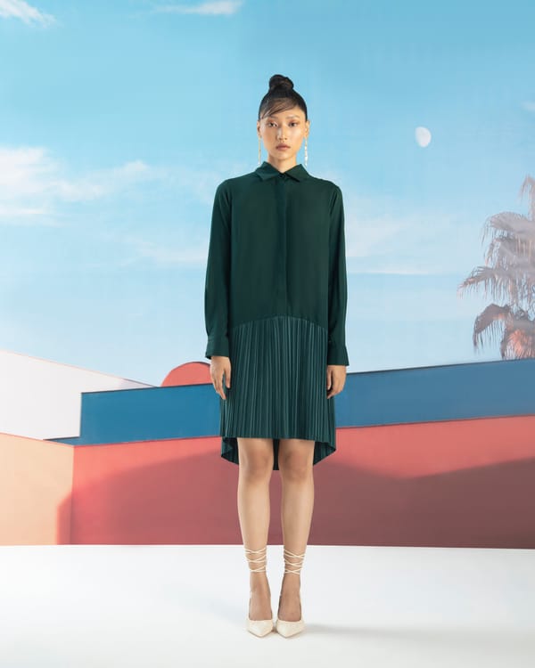 Green Crepe Shirt Midi Dress with Pleated Panel — Pleats by Aruni