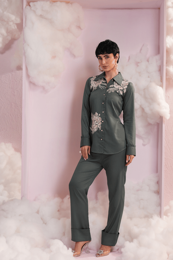 Bottle Green Embroidered Shirt and Pants Co-ord Set — Simar Tuli