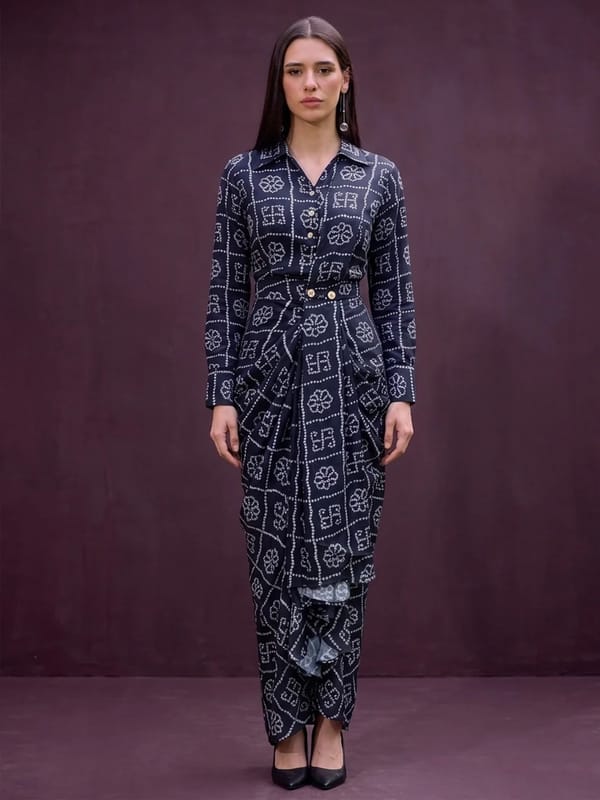 Black Geometric Printed Satin Saree with Blouse Piece — HOUSE OF FETT