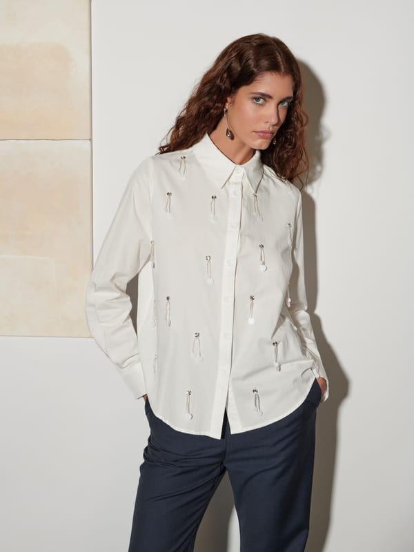 Ivory Embellished Button-Down Shirt with Full Sleeves — SISTER JANE