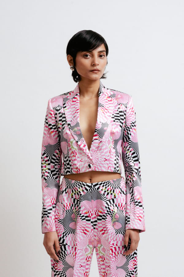 Multicolor Digital Print Cropped Tailored Jacket — White Saturn