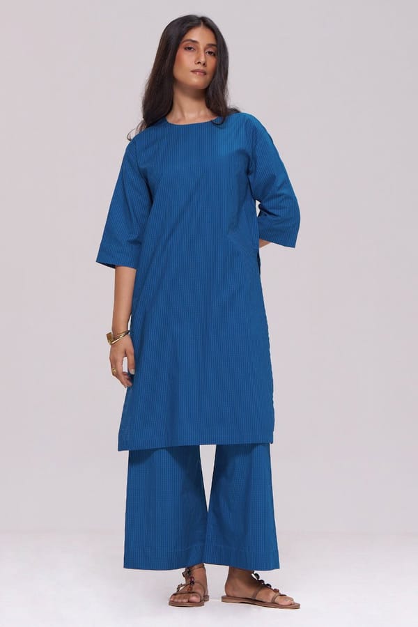 Indigo Cotton Dobby Kurta and Wide-Leg Pant Co-ord Set — Ganga Fashions Pvt Ltd