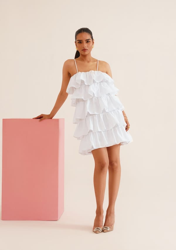 White Tiered Ruffle Mini Dress with Braided Straps — AMOSHI