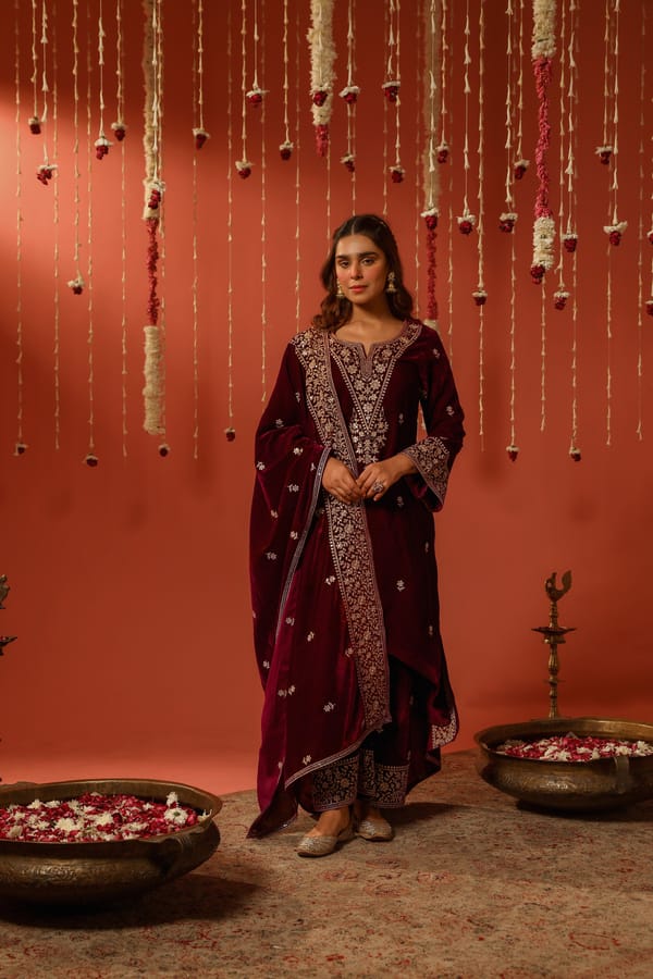 Maroon Velvet Straight Suit Set with Zari Embroidery — NARAYANI VASTRA