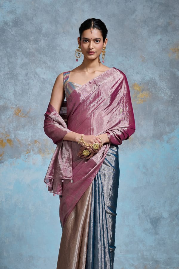 Pink-Blue Triple Tone Metallic Tissue Saree — Dressfolk