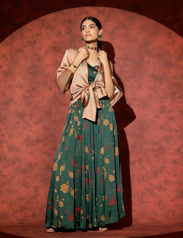 Bottle Green Maxi Skirt Co-ord Set with Tie-Front Shirt — STUDIO SURBHI