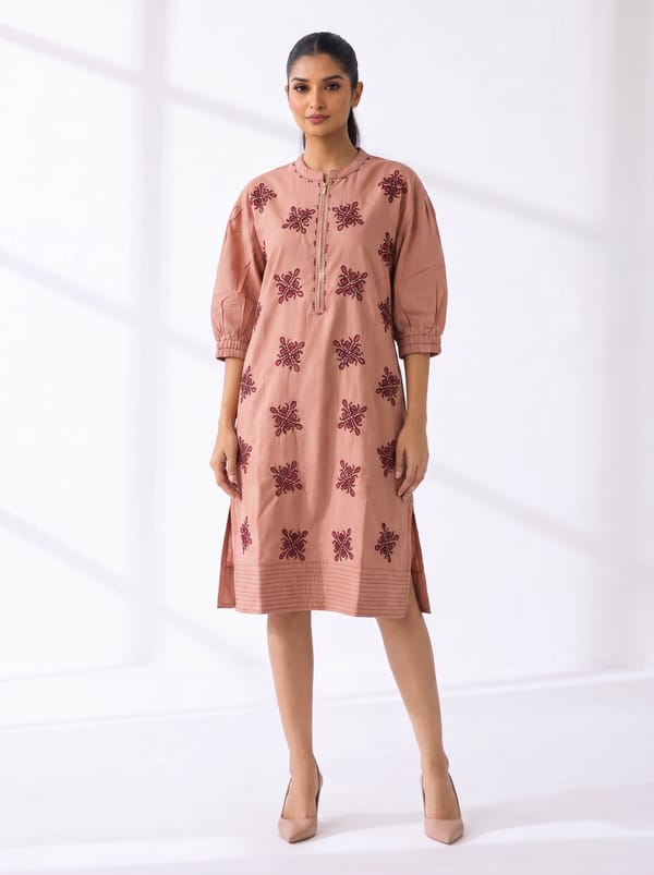 Peach Embroidered Straight Midi Dress with Mandarin Collar — STITCH STORIES
