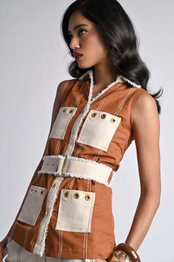 Rust Sleeveless Utility Shirt with Belted Waist — Veera Wear