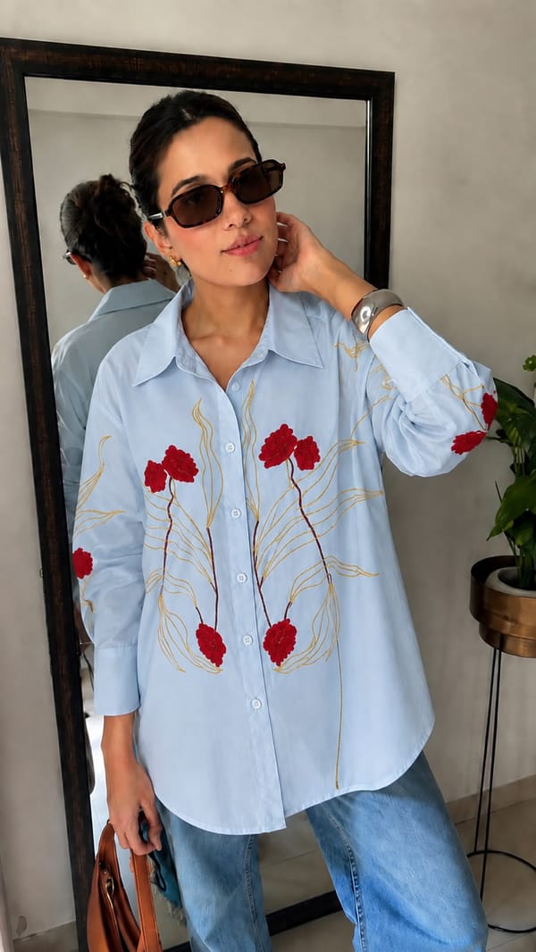 Floral Embroidered Oversized Cotton Shirt — CLOSET AFFAIR