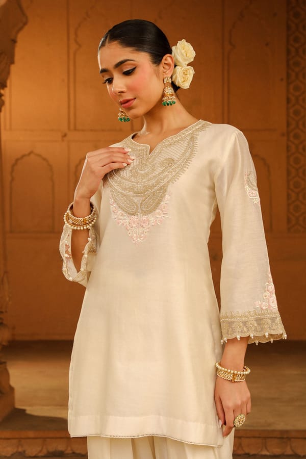 Daisy Ivory Embroidered Short Kurta with Salwar Set — Sheetal Batra