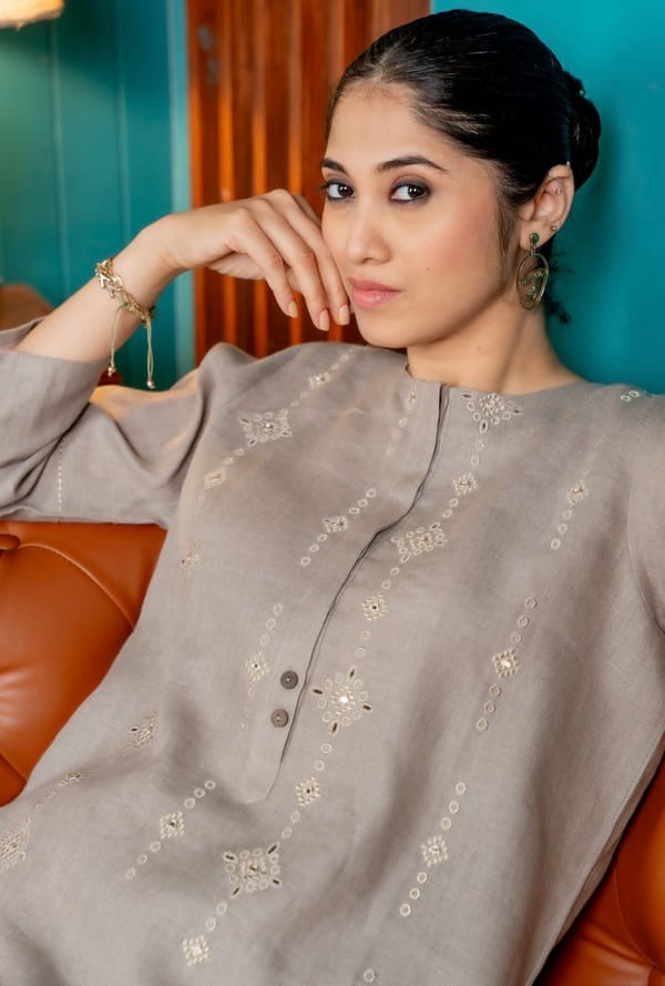 Fossil Grey Linen Kurta Set with Tonal Embroidery — SIARA WOMEN