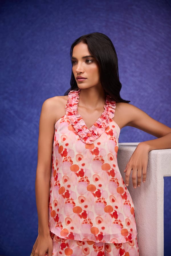 Red Silk Organza Printed Halter Neck Top with Ruffle Trim — Tara & I
