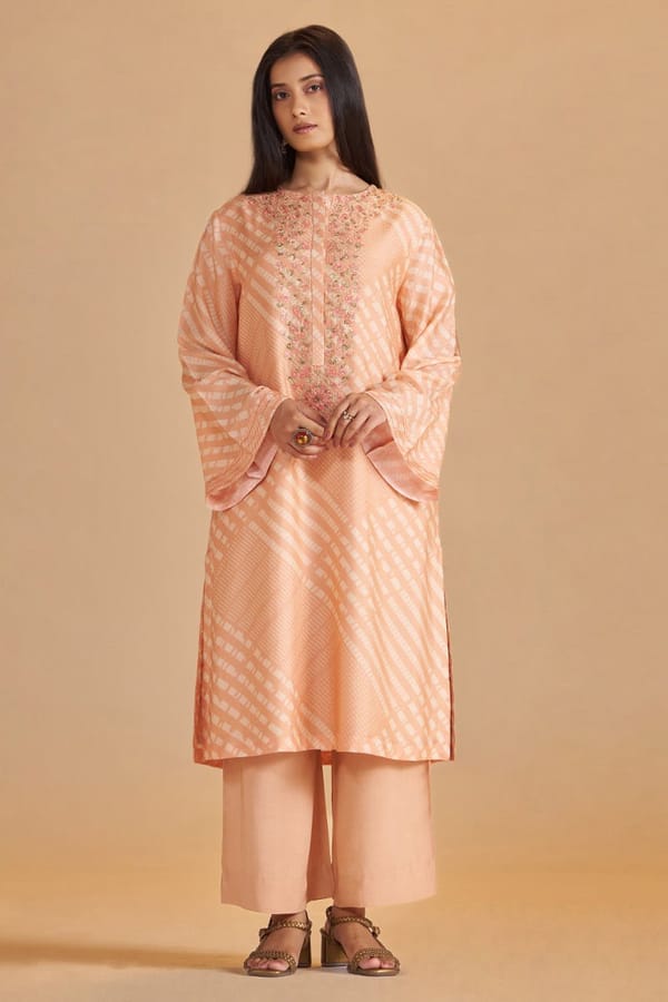 Blush Peach Printed Silk Kurta and Wide-Leg Pants Co-ord Set — Ganga Fashions Pvt Ltd
