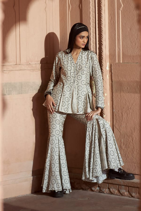 Grey Geometric Peplum Jacket and Sharara Co-ord Set — LABEL NAARITI