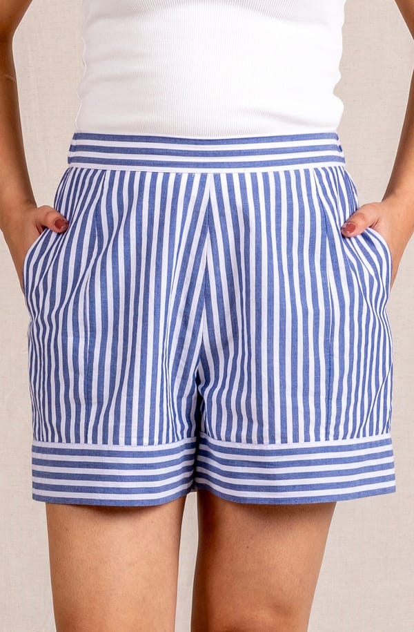 Blue Striped Shorts With Contrast Hem — Move About Effortlessly