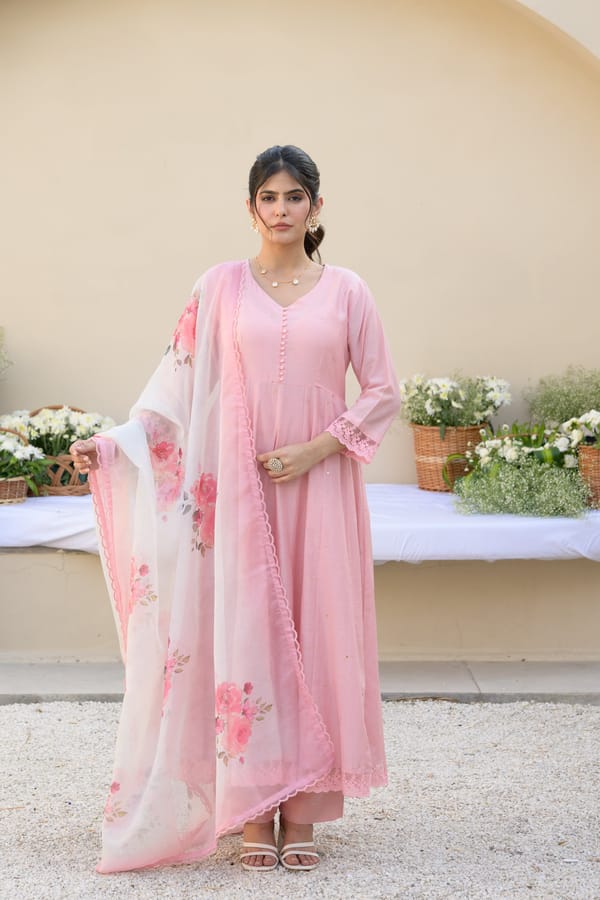 Blush Pink Mul Chanderi Anarkali Suit Set — MAHEE JAIPUR