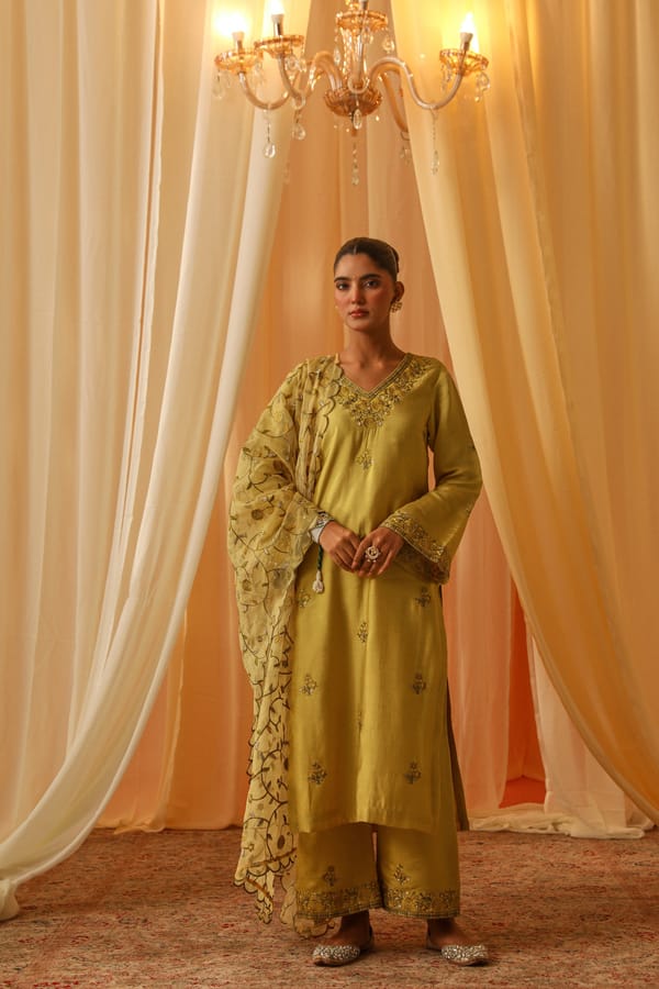 Yellow Chanderi Embroidered Kurta Set With Organza Dupatta — NARAYANI VASTRA