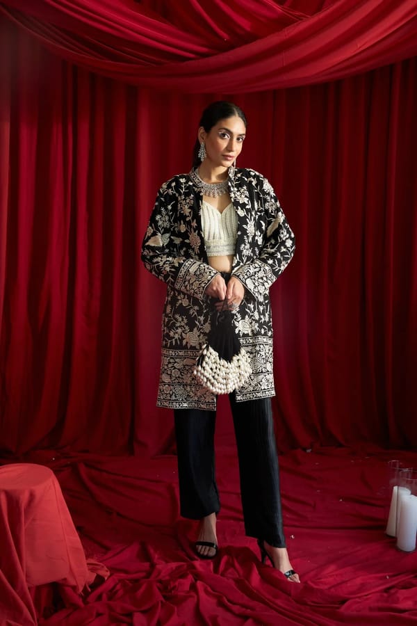 Black Longline Georgette Jacket with All-Over Embroidery — TASUVURE