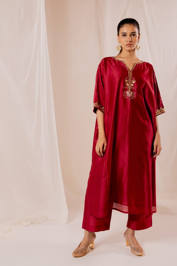 Maroon Chanderi Silk Embroidered Kaftan Kurta — Silai studio