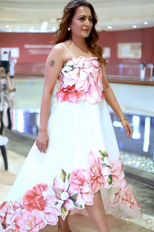 Off-White Floral Bandeau High-Low Fit and Flare Dress — OZEQO