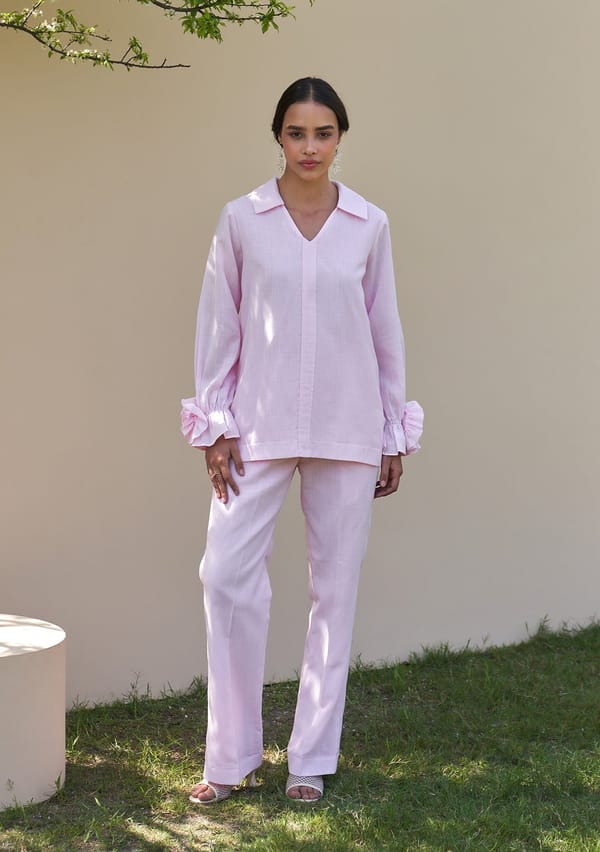 Baby Pink Cotton Linen Co-ord Set with Floral Cuff Detail — AMOSHI