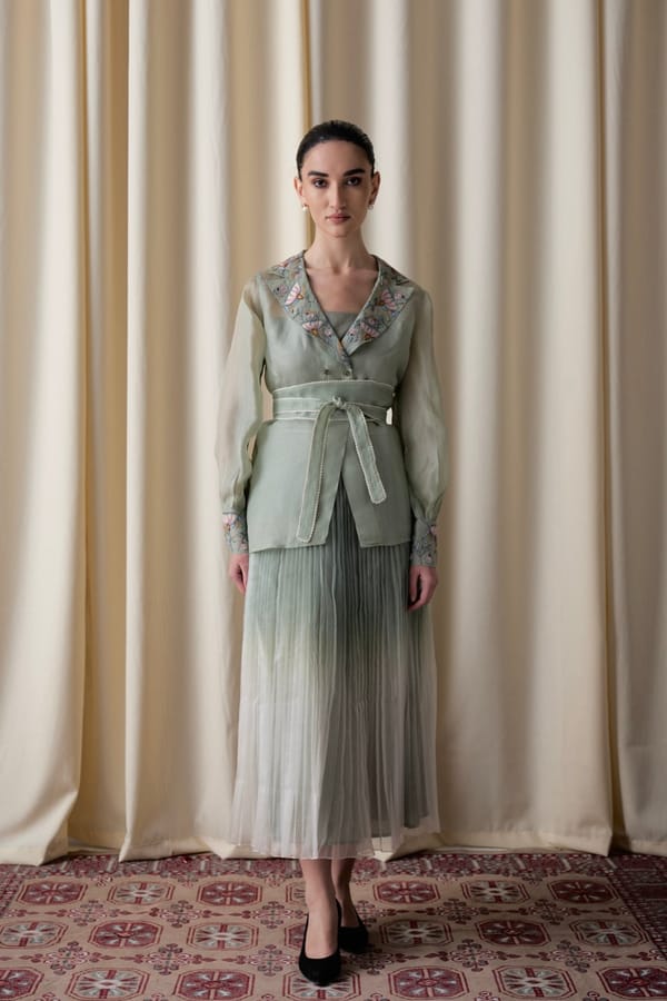 Green Organza Jacket, Bustier and Pleated Midi Skirt Co-ord Set — Love Kiki