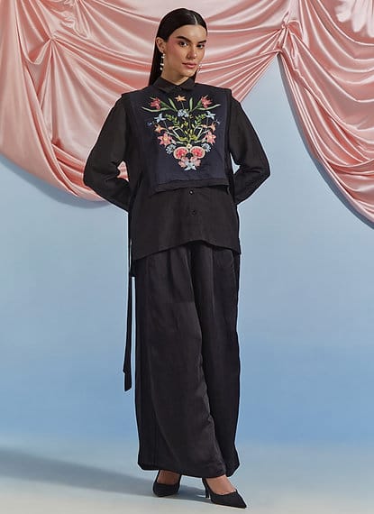 Black Embroidered Shirt and Wide-Leg Trouser Co-ord Set — Pozruh