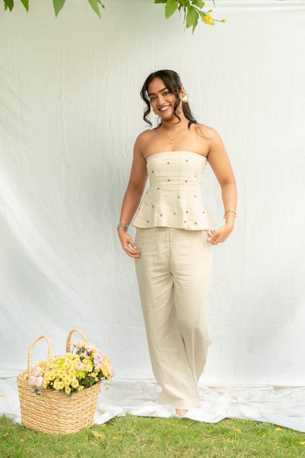 Natural Linen Off-Shoulder Peplum Embroidered Top — AARI