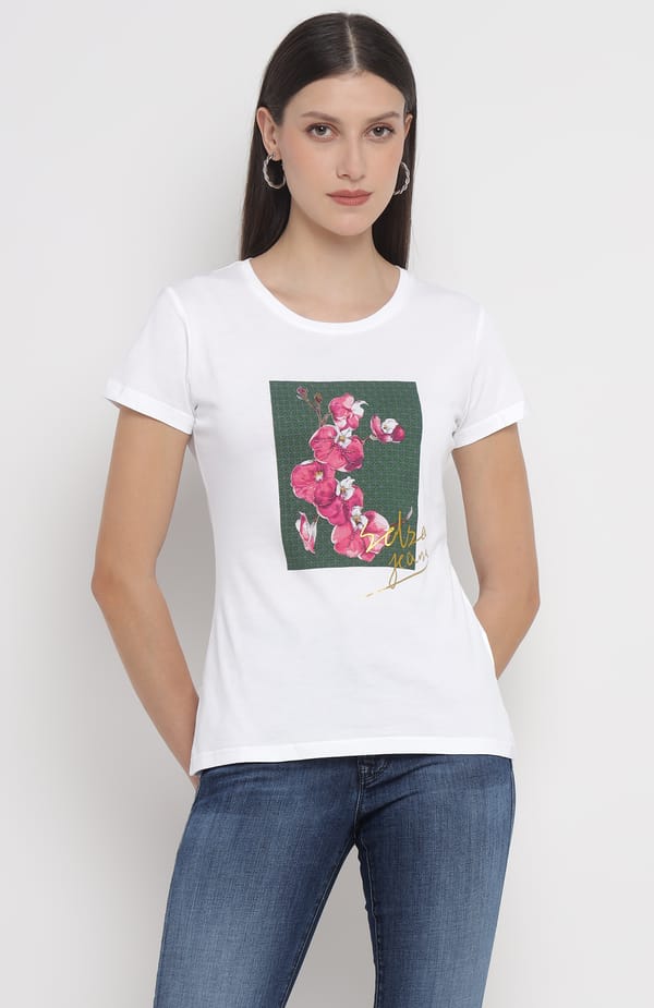 White Cotton Crew Neck T-shirt with Floral Graphic Print — SALSA JEANS