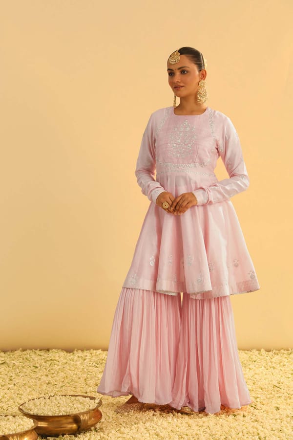 Rose Pink Peplum Kurta, Garara and Dupatta Set — Sheetal Batra