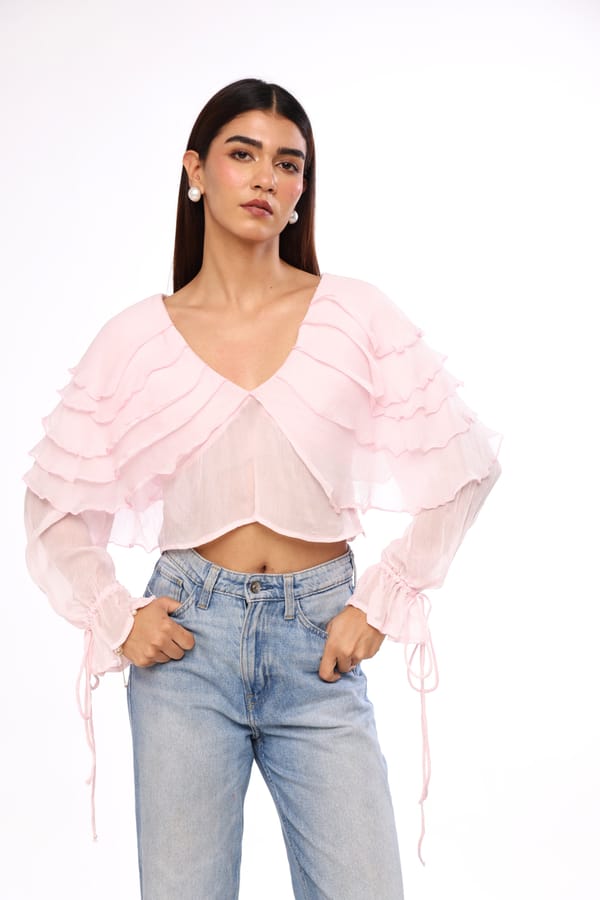 Blush Pink Ruffle Layered V-Neck Crop Top — The Clothing Factory