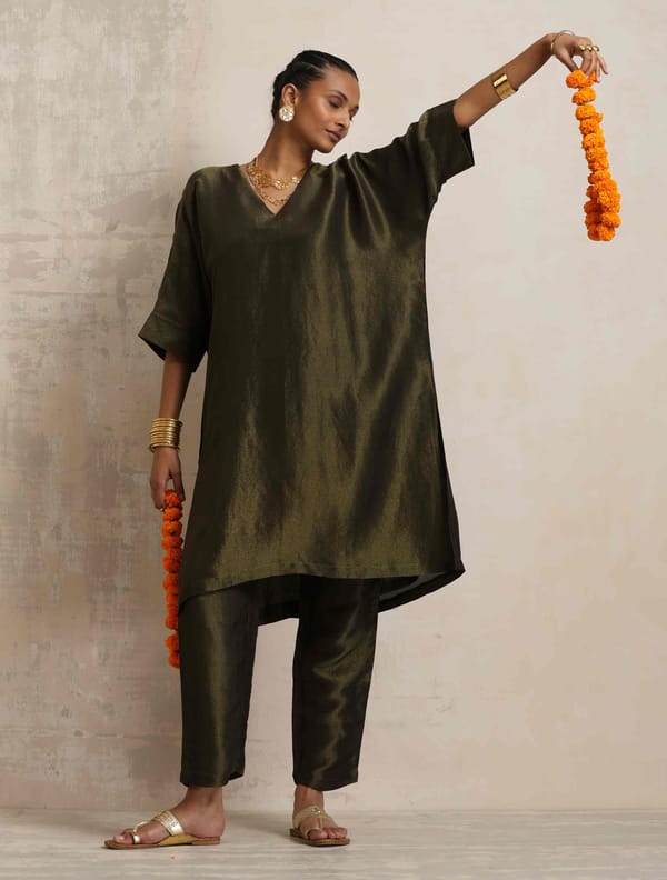 Olive Green Tissue Kaftan Kurta and Pant Co-ord Set — Truebrowns