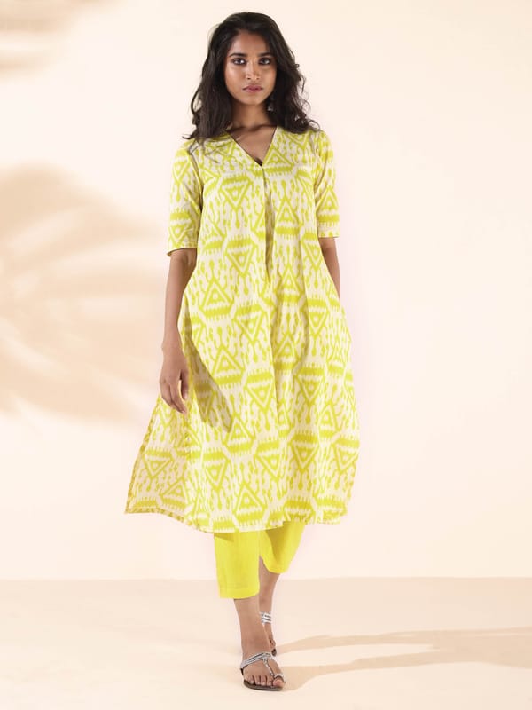 Lime Cotton Ikat Print A-Line Kurta Pant Set — Truebrowns
