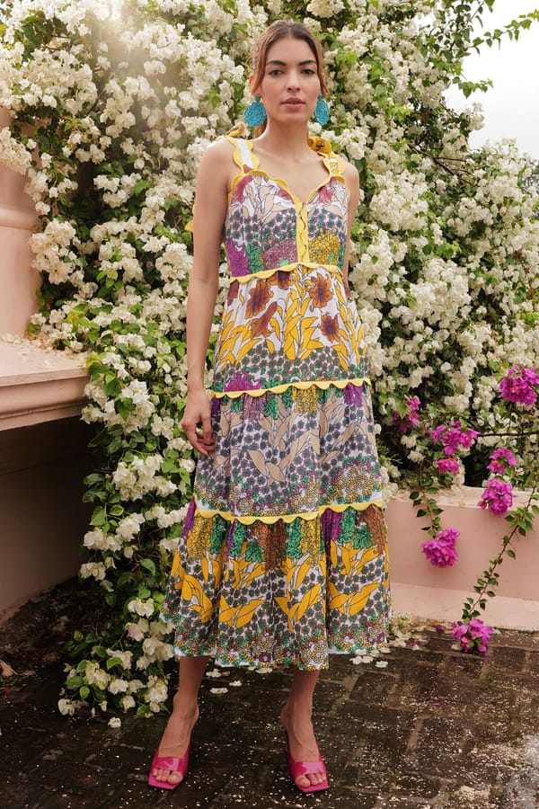 Multicolor Floral Tiered Cotton Midi Dress with Tie Straps — BOHO-CHIC