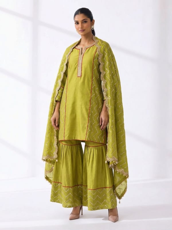 Mehendi Straight Kurta Set with Flared Pants and Dupatta — Gulabik