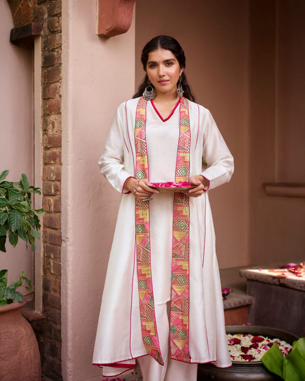 Off White Chanderi 3-Piece Coat Co-ord Set — Gulabo by Abu Sandeep