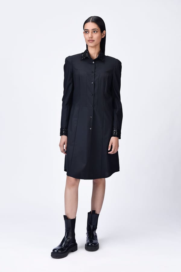 Black Poly Wool Slim Fit Shirt Dress with Tulle Detail — Genes Lecoanet Hemant