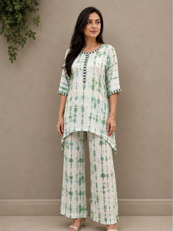 Tie & Dye Green Mirror and Thread work on pure modal satin, kaftan style, C Cut  with palazzo pants — SMAYA by Monica
