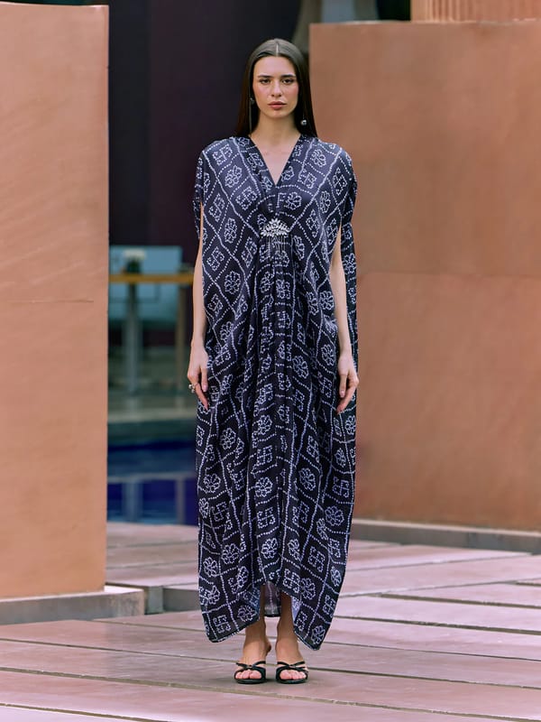 Black Satin Kaftan with White Geometric Print — HOUSE OF FETT