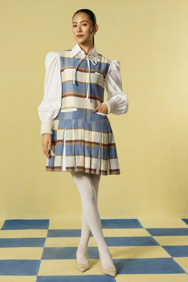 White/Blue Checked Sleeveless Fit and Flare Mini Dress Set — BELONG