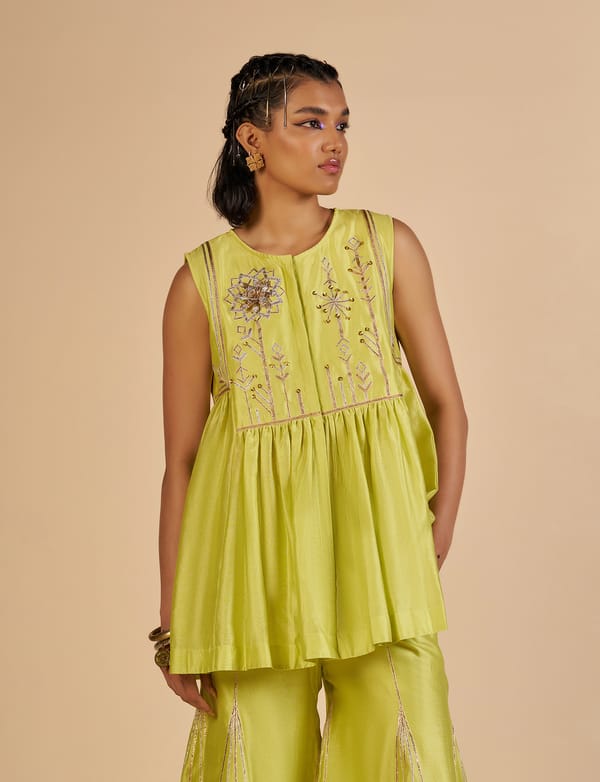 Lime Green Silk Chanderi Kedia Top with Gota Yoke — Gulabo by Abu Sandeep