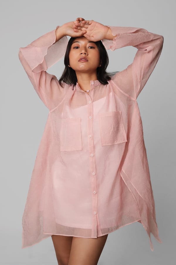 Pink Oversized Organza Mini Shirt Dress with Inner Slip — 9899