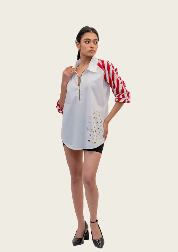 White Cotton Shirt with Contrast Sleeves and Embroidery — Richa Goenka