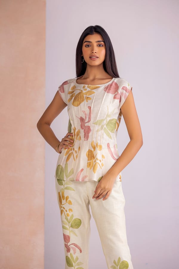Sahara Linen-Blend Watercolor Print Flared Trousers — Kaveri