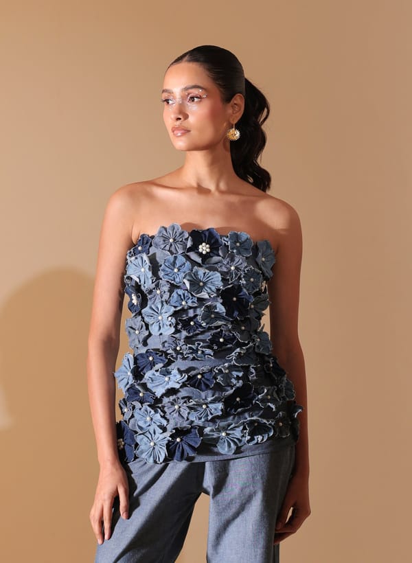 Denim Bloom Strapless Top — MANVI DAGA STUDIO