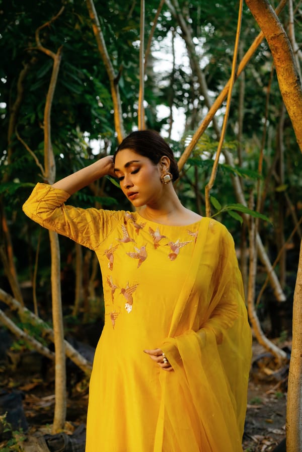 Yellow A-Line Embroidered Kurta Set with Palazzo and Dupatta — SHRISTICHETANI