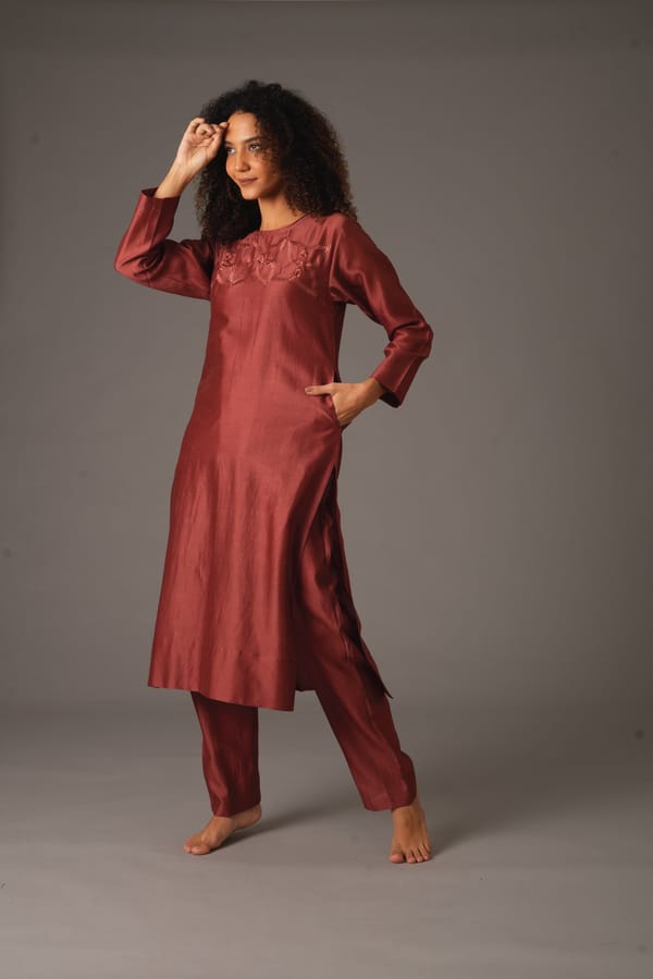 Cherry Red Embroidered Yoke Kurta Pant Co-ord Set — Khat