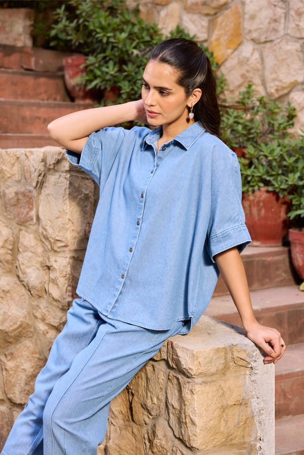 Light Wash Denim Button-Down Shirt with Half Sleeves — Eko Clothing