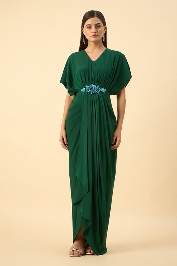 GREEN CRYSTAL SILK CREPE DRESS — Aakaar