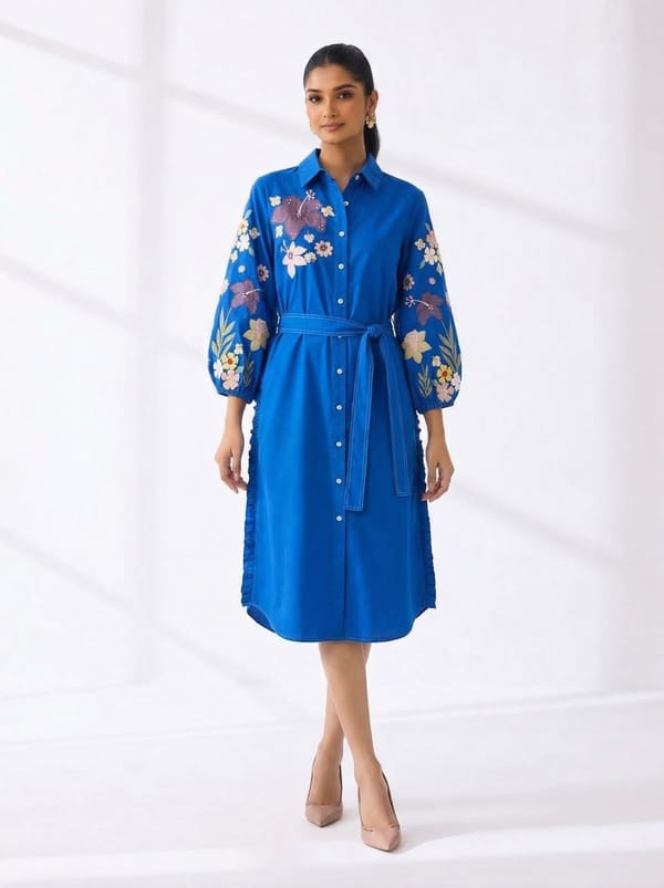 Electric Blue Embroidered Sleeve Midi Shirt Dress — RUCHIKA MALLIKA LABEL